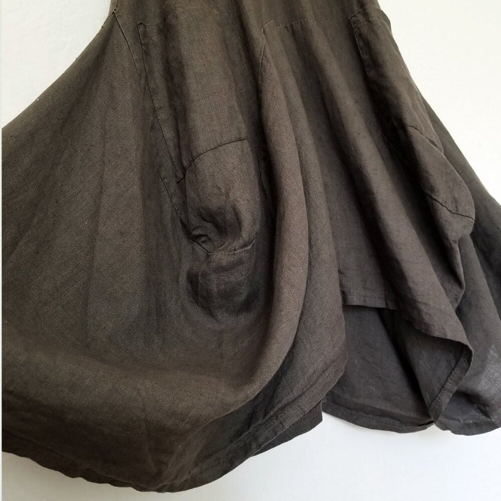 Inizio MAGIC 2 POCKET Sleeveless Linen Dress S Lagenlook Dark Olive Italy $150 - Picture 6 of 11